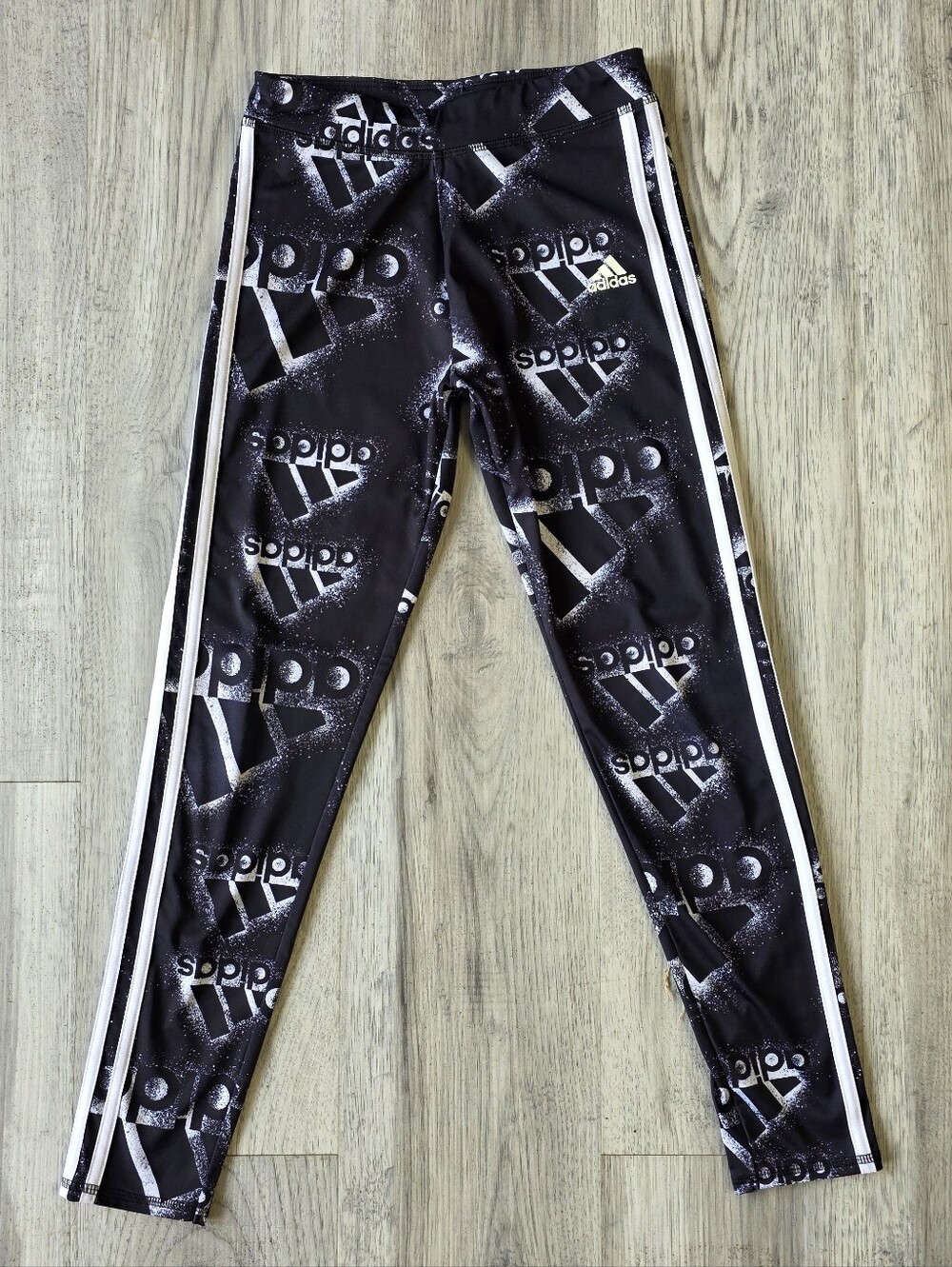 Adidas Girls Large 14 Black White Logo Print 3-Stripe Leggings